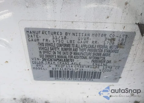 2019 Nissan Versa 1.6 Sv z USA, uszkodzony, nr VIN 3N1CN7AP5KL838701